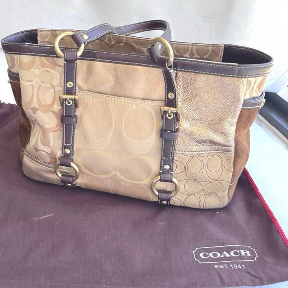 Vintage Coach Patchwork Signature Jacquard & Suede Gold/Tan Tote F06Q‑10383 - Picture 6 of 11